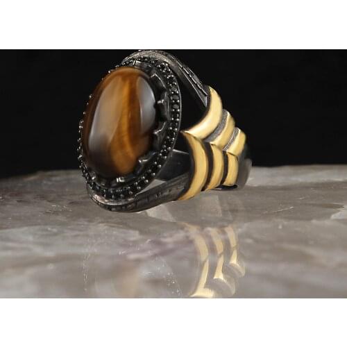 Natural Tigereye Stone 925 Silver Engraved Traditional Best Craft Handmade Turkish Signet Rings Rock Jewelry Gift for Women Men