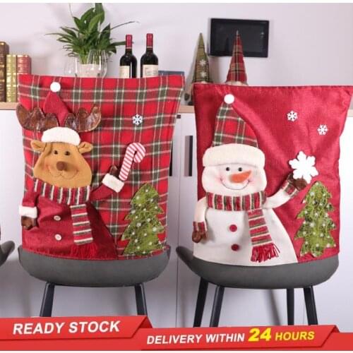 2021 new Christmas chair cover Christmas decoration red plaid snowman Santa chair back cover creative linen chair cover