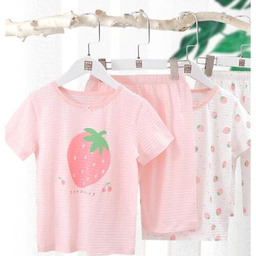 Summer New Girls Homewear Costumes Nightgown For Kids Short Sleeve Strawberry Pajamas Set Cartoon Cotton Shorts Sleepwear 2PCS