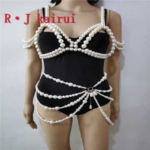New RJPE21 Asymmetrical Imitation Pearls Neck Layers Bra Body Jewelry Unique Beads Waist Belly Chains Top Pearls Costume Jewelry