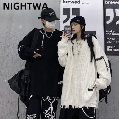 NIGHTWA Couple Sweater Ripped Hole Tassel Oversized Knitted Sweater Irregular Design Pullover Hip Hop Punk Knitwear Women Top