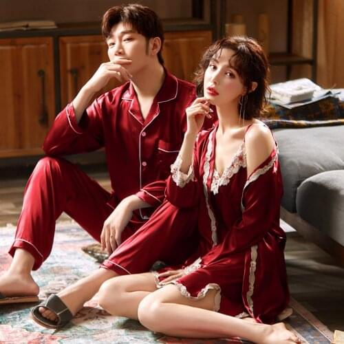 Couple Pajamas Set Women Silk Sexy Nightdress Nightgown Two-Pieces Summer Mens Long-Sleeved Long Pant Home Wear Bridesmaid Robe