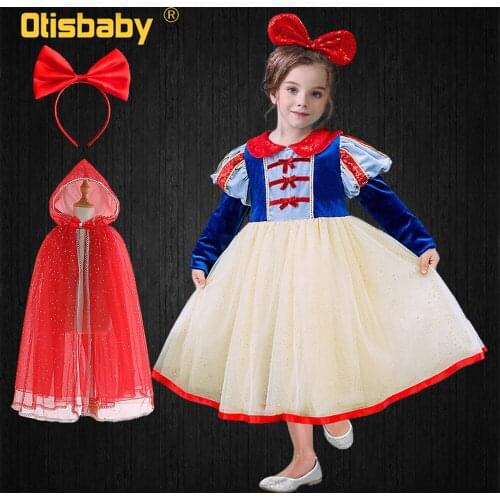 Performance Snow White Dress for Girls Velvet Long Sleeve Dresses Winter Halloween Princess Costume Fancy Fairy Red Hooded Cloak