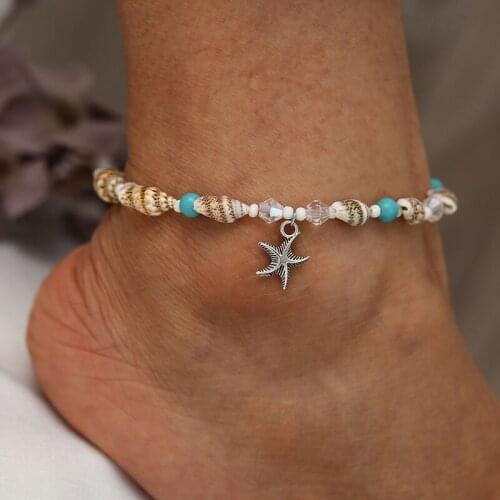 Conch Rice Bead Chains Anklets Bracelets for Women Beach Starfish Pendant Shell Foot Jewelry Wholesale Tobillera Kpop