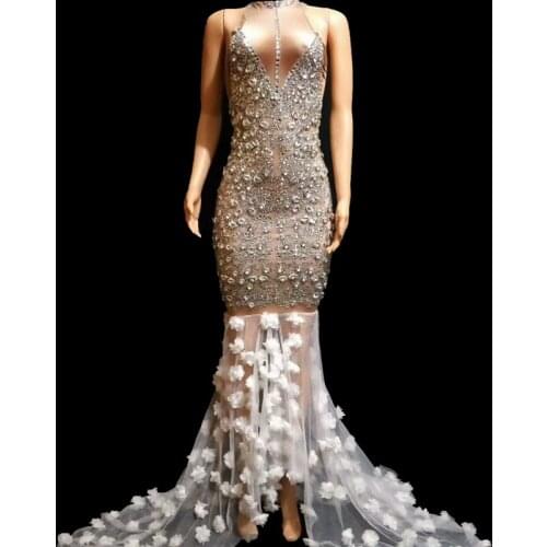 Luxurious Rhinestones Dress Women Sparkly Crystals Evening Flowers Long Tail Dresses Elegant Lady Prom Birthday Party Outfit