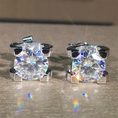 White Crystal Zircon Stud Earrings For Women Men Vintage Fashion Round Stone Earrings Rose Gold Silver Color Engagement Earrings