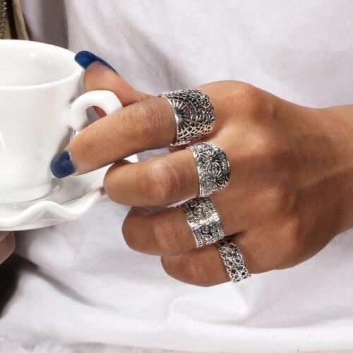 Tibetan Silver Vintage Midi Ring For Women Boho Antique Big Stone Knuckle Rings Set Boho Jewelry Anillos Female Engagement Party