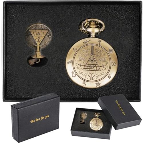 Top Brand Pocket Watches Set Bronze Bill Cipher Quartz Pocket Watches Analog Pendant Men Women Gifts Necklace Chain with Box