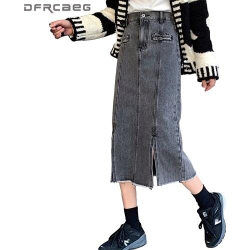 Gray Vintage Denim Long Skirts Women 2020 Spring Autumn High Waist Loose Sexy Split Retro Straight Skirts Jeans Ladies Saias