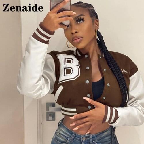Zenaide 2021 Print Patchwork Autumn Winter Jacket Varsity Y2K Casual Crop Baseball Coat Long Sleeve Women Fashion Bomber