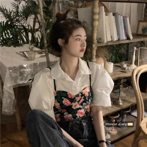 Sweet Floral Suspender Womens Waistcoat Summer Design Sense Solid Color Lapel Top with Bra Outside Short Hot Girl Fashion Top