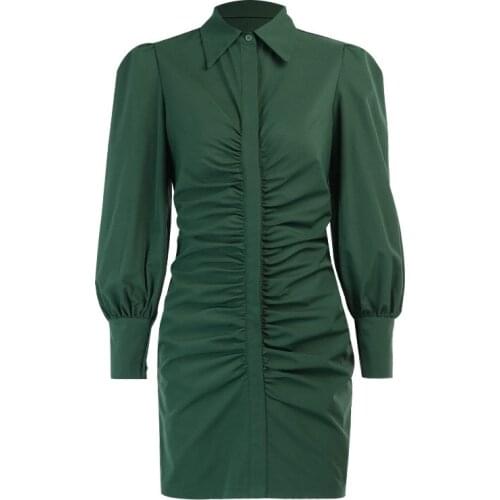 2021 Autumn Women Chic Fashion Button-up Draped Midi Shirt Dress Vintage Long Sleeve Side Female Blouse Dresses Vestidos