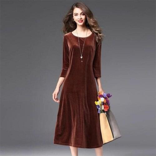 Women Spring Autumn Solid Velvet A-line Dress Three Quarter Sleeves Vintage Elegant Ladies Dress Vestido Plus Size Dress M-7XL