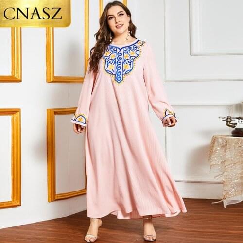 Dresses For Women 2021 Plus Size Dress Dubai Fashion Heavy Embroidery Womens Stitching Long-Sleeved Casual Pink Striped Dress