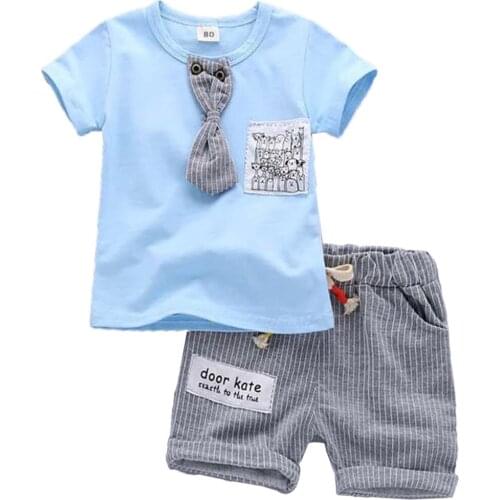 2020 New Summer Child clothes Baby boy Cartoon T-Shirt with tie +stripe Short Two-piece Street Fashion clothing 1-4 Years Old