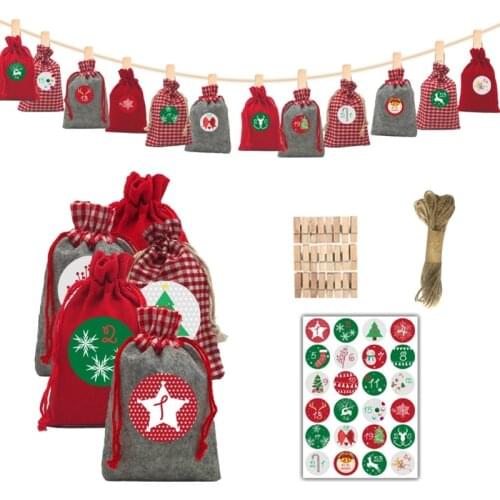 2021 Red Christmas Advent Calendar 24 Days Hanging Drawstring Candy Bags with Stickers Handmade DIY Sacks Countdown Decorations