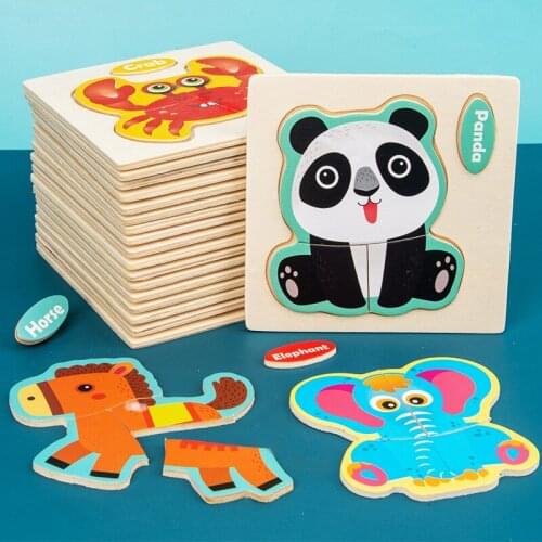 3D Puzzle Jigsaw Wooden Toys for Children Wood Blocks Cartoon Animal Intelligence Kids Early Educational Toys for Children Gift