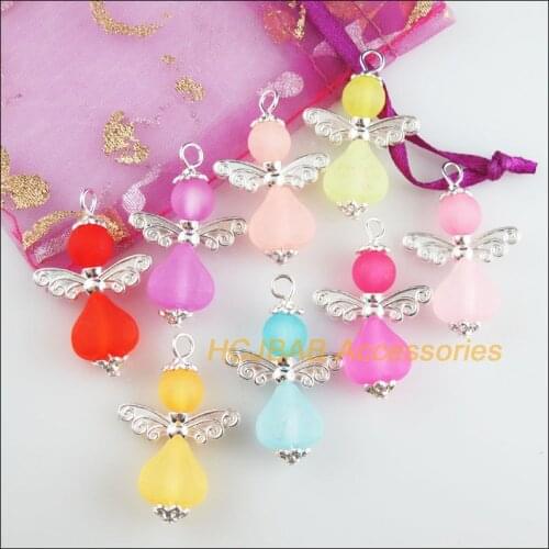 8 New Angel Charms Silver Plated Mixed Frosting Acrylic Heart Pendants 21.5x33mm