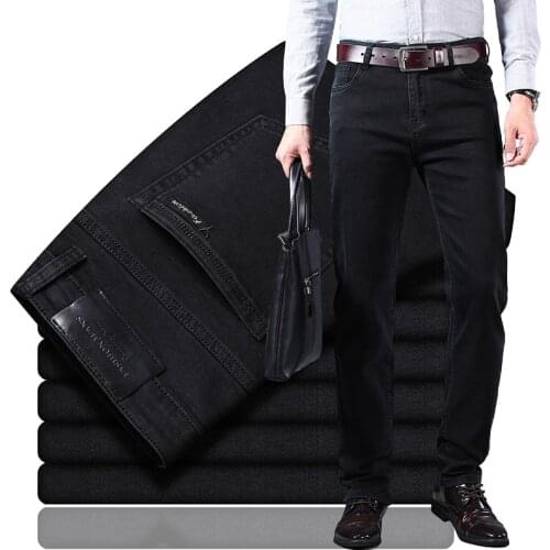 2021 New Autumn Male Brand Fit Pants Black Blue New Classic Style Mens Grey Jeans Business Fashion Soft Stretch Denim Trousers