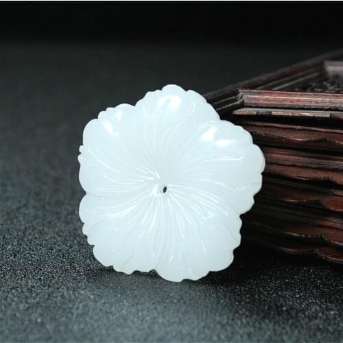 Flower Natural White Jade Pendant Necklace Chinese Hand-Carved Charm Jewelry Fashion Accessories Amulet for Men Women Gifts