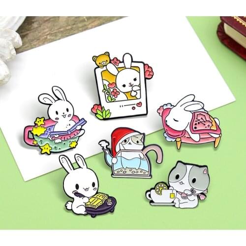 Cup Rabbit Cup Cat Enamel Pin Custom Cat Kitty Rabbit Cup Teapot Teacup Animal Brooches Lapel Badge Jewelry for Friends Gift