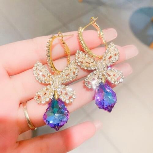 Korean Luxury Pink Flower Rhinestone Butterfly Crystal Long Dangle Earrings For Women Girls Fashion Party Jewelry