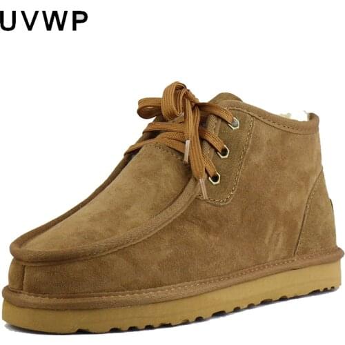 2021 Fashion Men Snow Boot Lace-up Winter Boots Men Shoes Genuine Sheepskin Leather Natural Fur Warm Ankle Boots Free Shipping