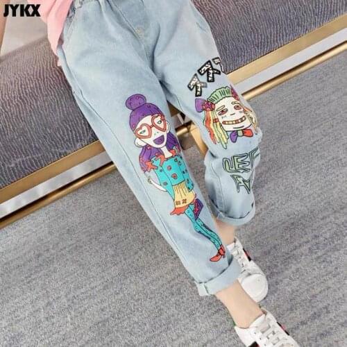 2021 New Girls Jeans Spring And Autumn Pants Cartoon Beauty Printed Denim Trousers Loose Version Casual Girl Pants