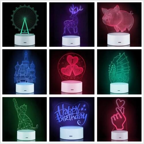 Novelty Cat Pig Heart Elk gesture Castle Ferris Wheel Sailing ship Castle 3D LED Lamp 7 Color Chang Night Lights USB Table Lamp