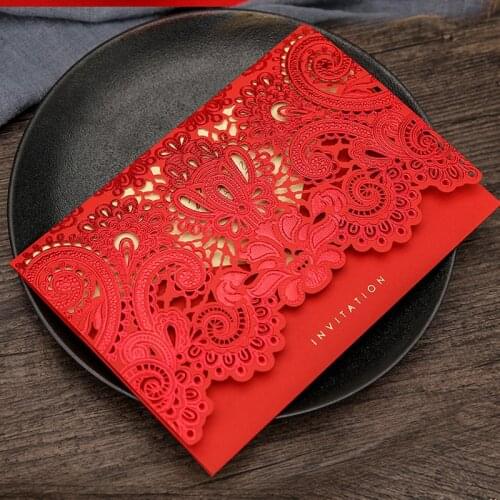 50pc Red/Gold Wedding Invitation Card Elegant Flower Embossed Laser Cut Engagement Invites with Printable Inner Sheet and Envelo
