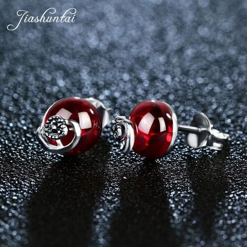 JIASHUNTAI Vintage 925 Sterling Silver Ball Stud Earrings Precious Stones Cute Retro For Women Jewelry