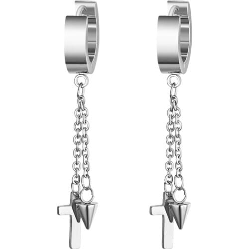 BONISKISS New Style Cross Long Tassel Stainless Steel Drop Earrings Punk 2021 Chain Male Female South Korean Accessories Wholes