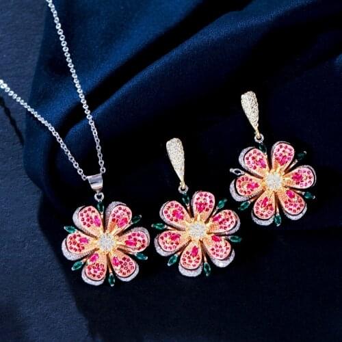 ThreeGraces Lovely Rose Red CZ Crystal Fashion Flower Shape Dangle Earrings Necklace Engagement Prom Jewelry Set for Women JS533