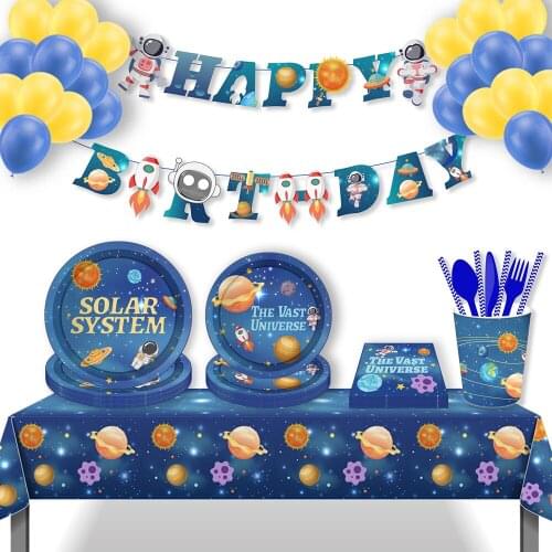 Blue Space Planet Stars Solar System Theme Happy Birthday Party Disposable Tableware Sets Plates Banners Hanging Swirls Decors