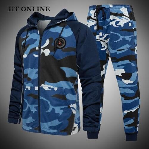 Autumn Men Tracksuit 2 Pieces Casual Running Joggers Set Mens Hooded Sweatshirt+Trousers Camouflage Zipper Male Sportswear Suit