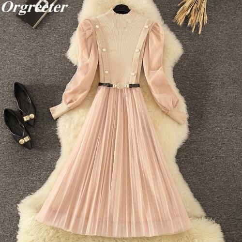 Original Custom Fake Two-piece Knitted Dresses Women Half Turtlenck Dot Puff Long Sleeve Button Deco Mesh Patchwork Dress