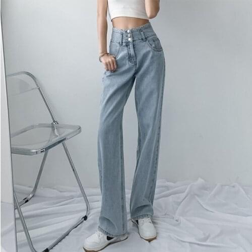 Shnsophi Vintage Blue Straight Jeans Woman Full Length Mom Jeans High Waist Loose Casual Cotton Wide Leg Denim Pants XS-XL
