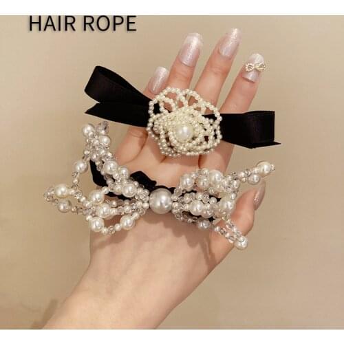 2021 Pearl Bowknot Elastic Hair Band Rubber Band for Women Korean Handmade High Quality Silk Flower Hairband Headband Wholesale