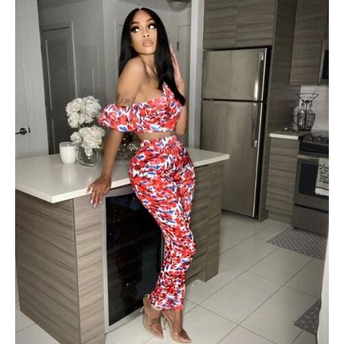 2021 Hollow Out Casual Hit Color Set for Women Skew Collar Short Sleeve Tops High Waist Print Two Piece Sets Female 2021