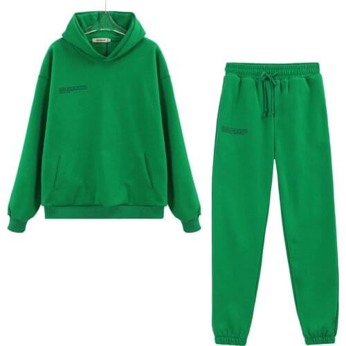 Solid Fleece Hoodies Sweatpants Tracksuit Women 100% Cotton Letter Print Hooded Sweatshirts Pants Two Piece Set