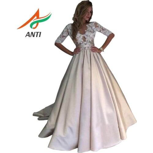 ANTI Elegant Champagne Evening Dresses Appliques Pearl Satin Robe De Soiree Half-Sleeve A-Line Formal Abendkleider Gowns Custom