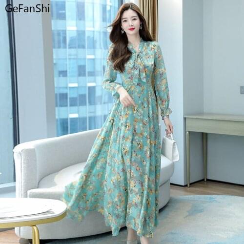Plus Size 2021 New Summer Autumn Vintage Women Dresses Casual Long Sleeve Chiffon Elegant Lady Dress Fashion Print Floral Dress