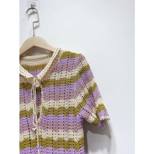 Women Knit Striped Mini Dress Short Sleeve Hollow out Lace-up Slim Peter pan Collar Female Color Patchwork Short Robes