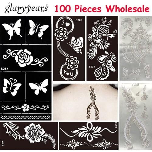 100 Pieces Wholesale Medium Hollow Black Henna Tattoo Stencil Unisex Waist Body Art Painting Flower Lace Tattoo Stencil New Year