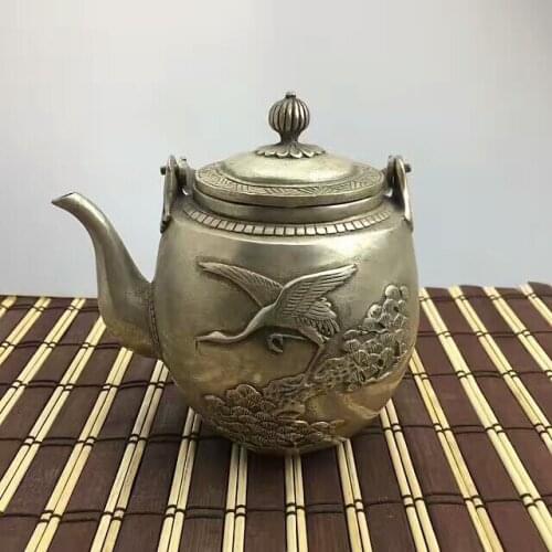 Antique MingDynasty silver pot Flying crane jug,Hand carved crafts,Decoration,collection &Adornment,Free shipping