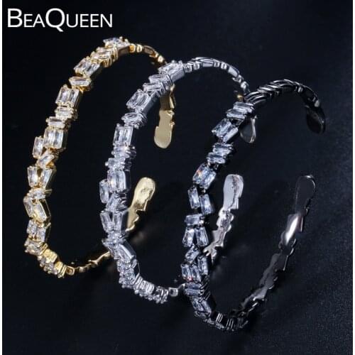 BeaQueen Fashion CZ Crystal Black Gun Color Women Men Jewelry Cubic Zirconia Baguette Cuff Bracelets Bangles Jewellery B117