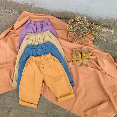 2021 Autumn 2-7 Years Solid Color Cotton Trousers Child Baby Kids Unisex Sports Ankle Length Trousers Loose Pants for Boy Girl