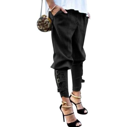 Women Pencil Pants Solid Color Buckle Straps Long Harem Pants Casual Women Loose Pocket Trousers Harem Pants Skinny