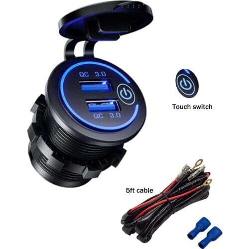 Quick Charge 3.0 Dual USB Charger Socket Waterproof 12V/24V with Touch Switch for Marine Boat Motorcycle Truck