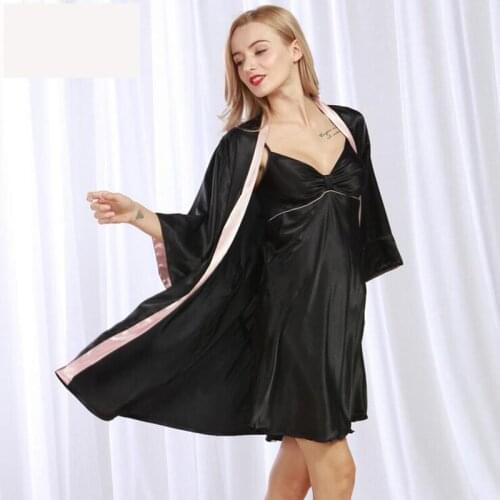 CR 2017 New Sexy Silk Like Sleepwear Women Robe Sets Robe & Nightgrown Set Pajama Sleeping Dress iT320